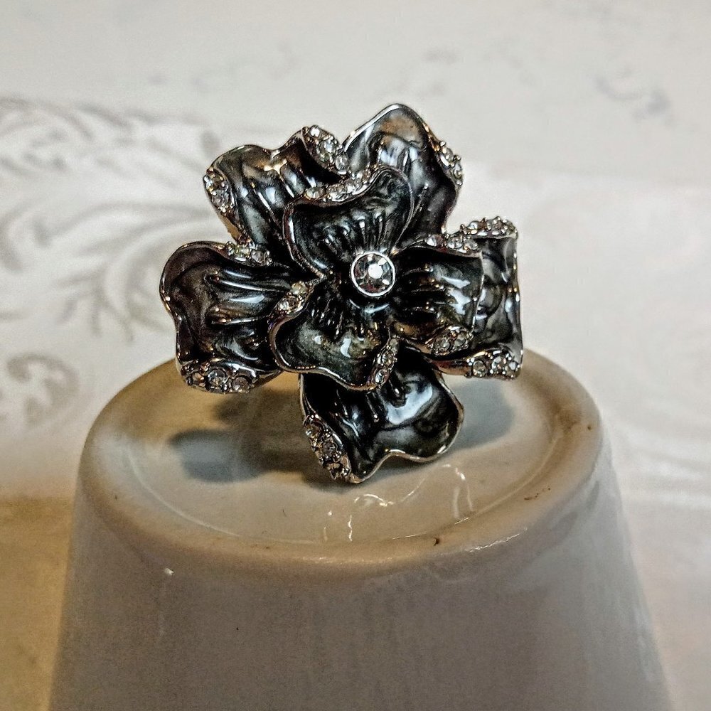 Large Dark Grey Enamel & CZ Flower Silver Ring